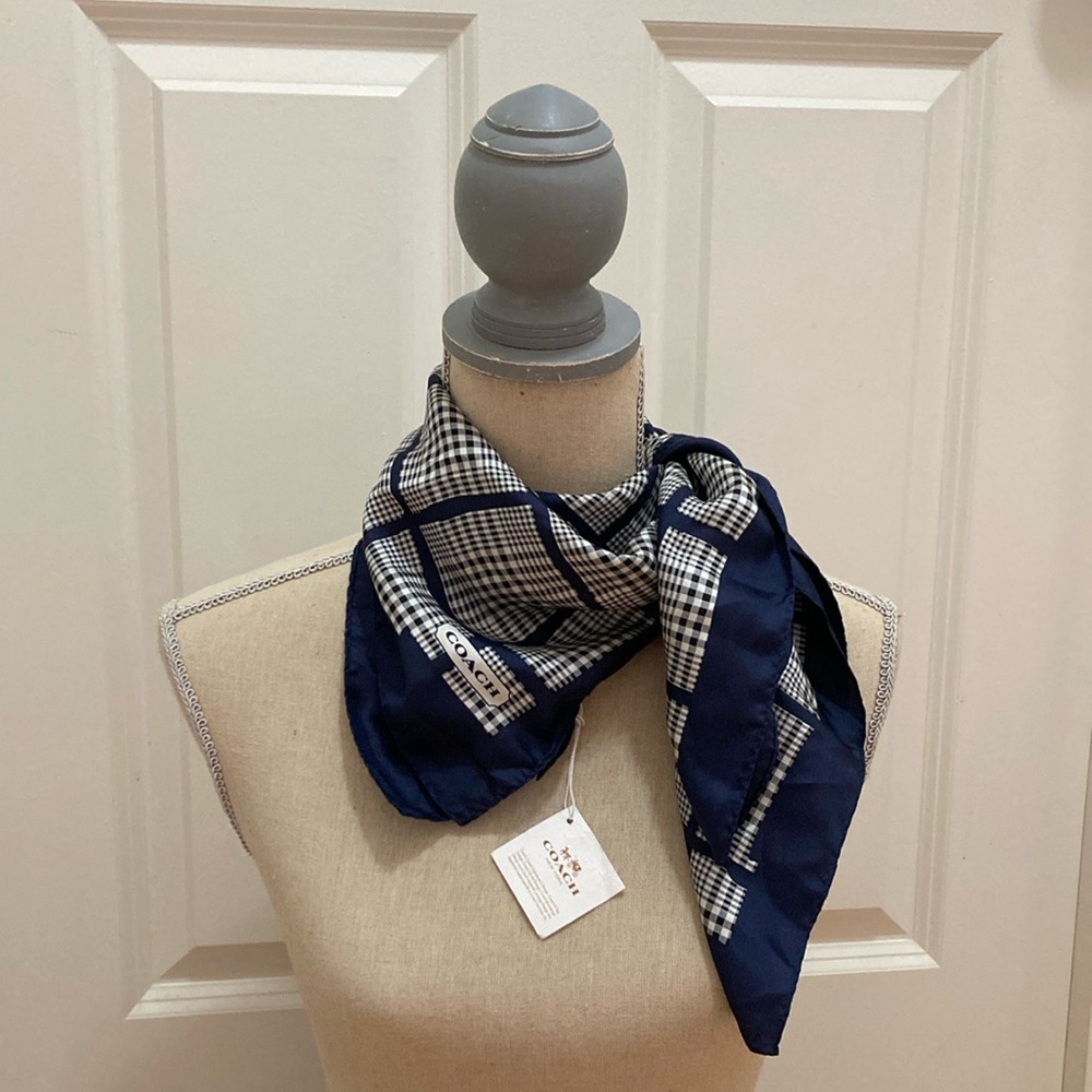 Coach Peyton Blue Plaid Silk Scarf